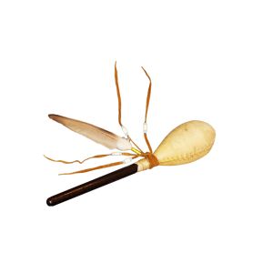 Rinderhaut-Rassel, Entenfederim gelben Köcher für schamanische Arbeit kaufen München, buy rattle made of cow skin- with duck feather, Maraka, schamanische Rassel kaufen BRD, Schamanen-Rassel kaufen Bayern, Rinderhautrassel mit Entenfeder und Perlen