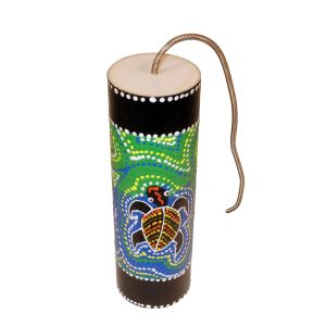 Front: Donner-Trommel  blau-gelb mit Schildkröte kaufen München, Handarbeit kaufen, Donner-Trommel Kinder, Akustik lernen, Gewittertrommel, Effektinstrument, Thunder Drum, Gewittermacher Musik, Soundeffekte Hörspiel Instrument, Musik für Geschichten