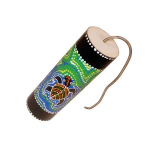 Front: Donner-Trommel  blau-gelb mit Schildkröte kaufen München, Handarbeit kaufen, Donner-Trommel Kinder, Akustik lernen, Gewittertrommel, Effektinstrument, Thunder Drum, Gewittermacher Musik, Soundeffekte Hörspiel Instrument, Musik für Geschichten