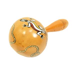 Medium Kalebasse-Rassel mit Eidechse, Spirale und gelber Banderole kaufen München, Kokosrassel für schamanische Arbeit kaufen Bayern, Kalebasse-Shaker kaufen Erding, Maraca, Rumba-Rassel kaufen, Rattle, Kokos-Rassel mit Eidechse